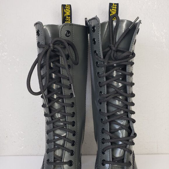 Dr Martens Dee 14 Eye Gray Patent Leather Heeled Lace-up Boots Womens 6-6.5 Diva - Picture 3 of 16